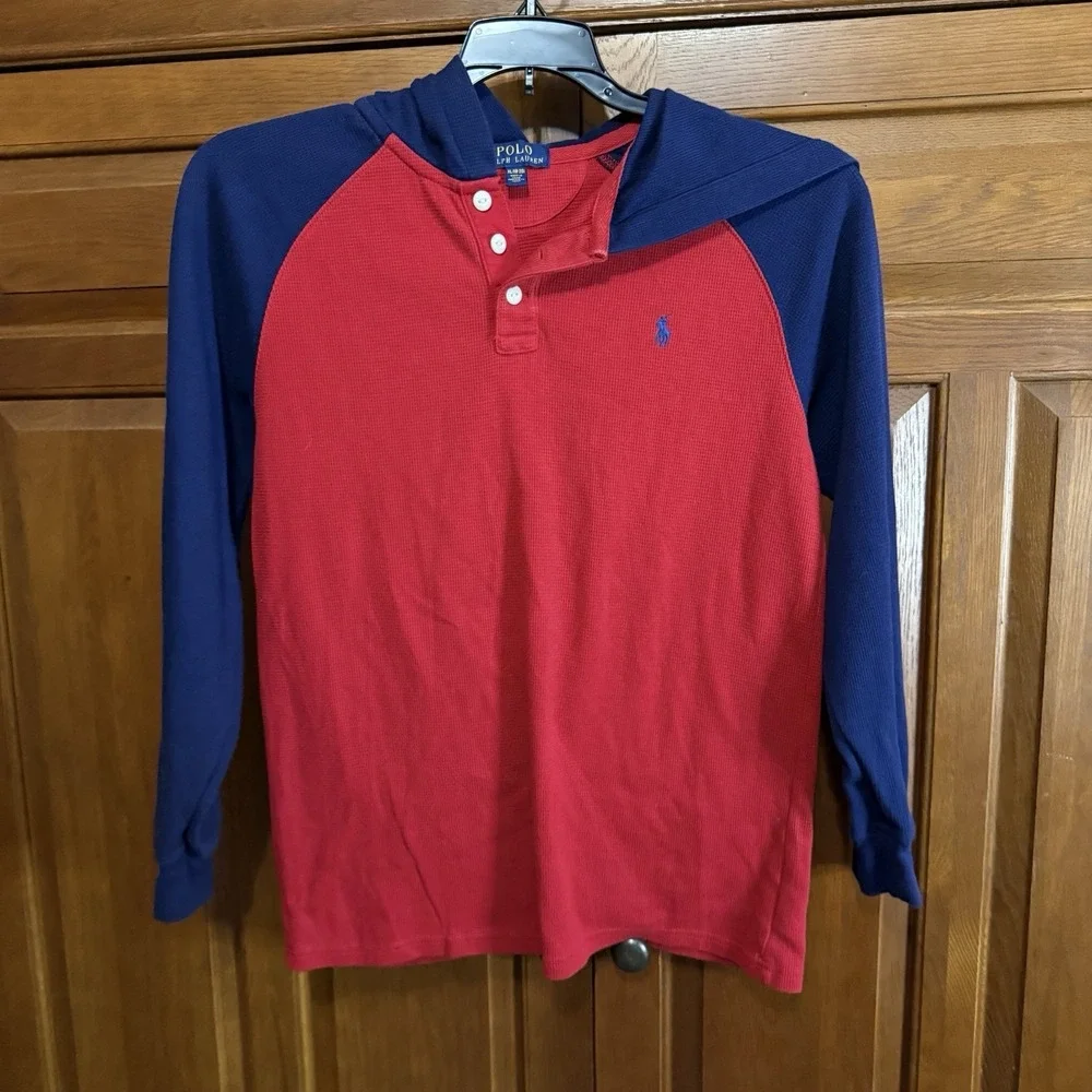 Polo Ralph Lauren Boys XL 18/20‎ Hoodie Henley Sweater Red Thermal Waffle Knit